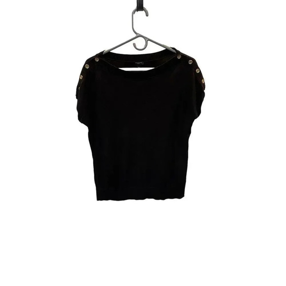 Talbots Women’s Petite Medium Cap Sleeve Knit Sweater Gold Button Shoulders Blac - Picture 1 of 3